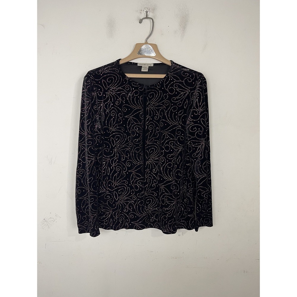 Notations Womens Shirt Top XL Black Velvet Pink Glitter Evening Valentines Date‎